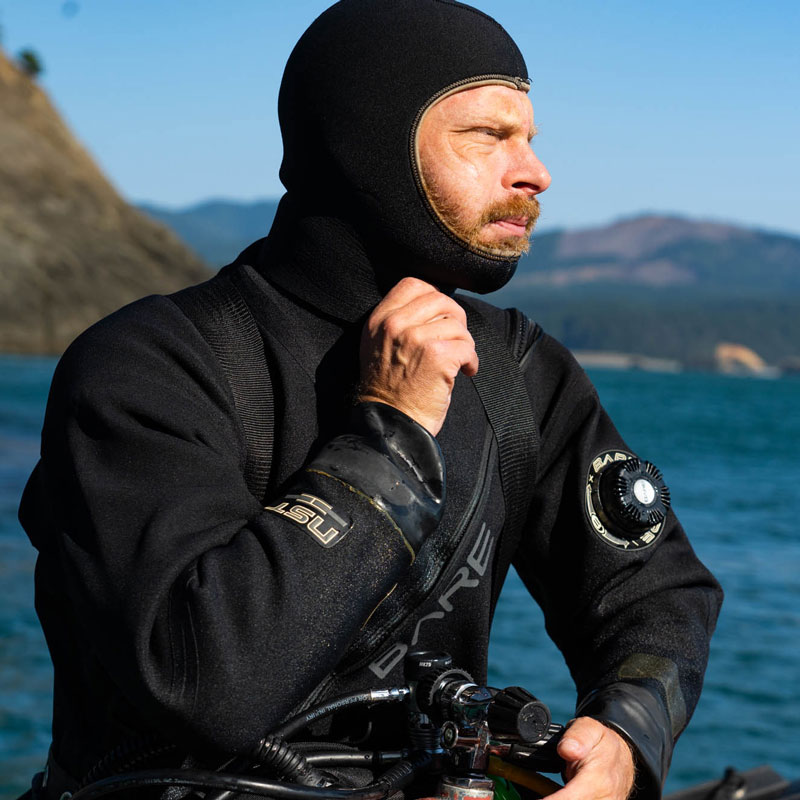 Doctor Aaron Galloway preparing for an urchin survey dive in Port Orford, Oregon